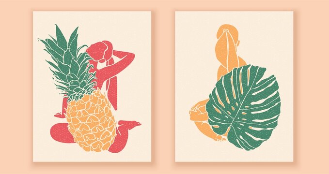 Set of posters with women silhouettes, pineappple, mostera leaf. Print for wall art, t shirt, cover.