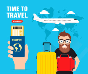 Time to travel concept design flat banner with traveler