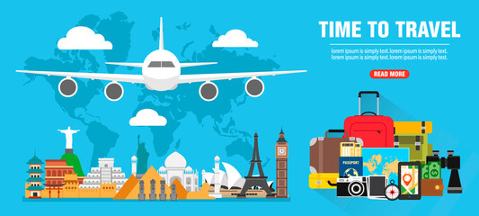 Time to travel. Around the world concept design flat banner