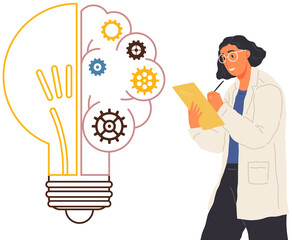 Laboratory assistant works with business creative plan, create idea of new project, planning startup. Male scientist writes, stands near light bulb isolated on white. Light bulb as innovation idea