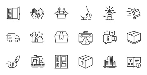 Outline set of Truck delivery, Delivery box and Lighthouse line icons for web application. Talk, information, delivery truck outline icon. Include Buildings, Warning briefcase, New house icons. Vector