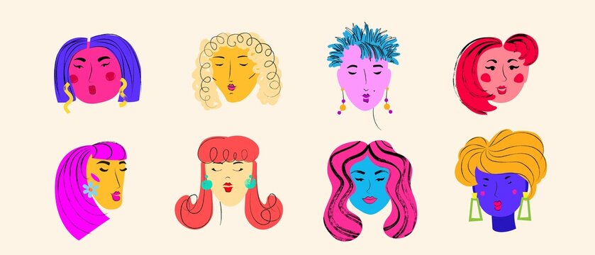 Set of hand drawn women faces. Different hair styles, make up. Cartoon character, avatar design.