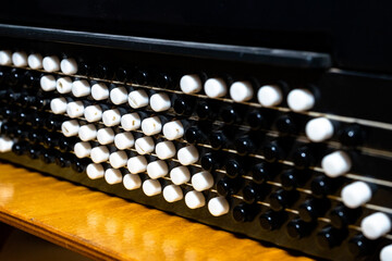 Accordion keys close up. Music instrument. Black and white