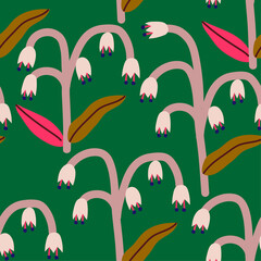 Stylish floral seamless pattern with abstract decorative white bells flowers on green background. Modern floral design for wallpaper,design paper or bedding.