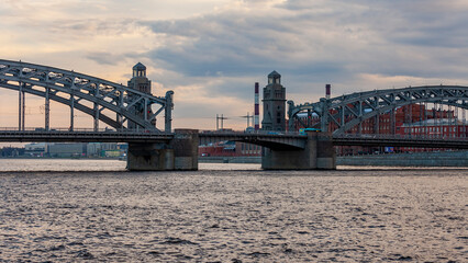 St. Petersburg, Russia, May 10, 2022. View of the Neva River and Bolsheokhtinsky bridge