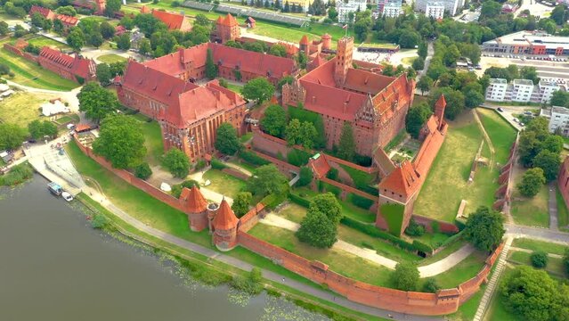Aerial view of Castle of the Teutonic Order in Malbork, Malbork ( Zamek w Maborku, Ordensburg Marienburg ), largest by land in the world, UNESCO World Heritage Site, Poland