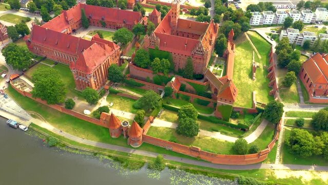 Aerial view of Castle of the Teutonic Order in Malbork, Malbork ( Zamek w Maborku, Ordensburg Marienburg ), largest by land in the world, UNESCO World Heritage Site, Poland
