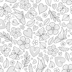 Obraz premium Floral Black and White Hand-drawn Seamless Pattern of Outline Butterflies, Flowers, Leaves, Twigs. Doodle Art.