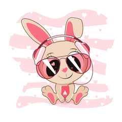 Cute Cartoon Bunny sitting in sunglasses and headphones, listening to music. Vector illustration.