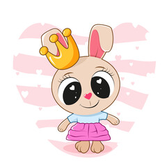 Cute Cartoon Bunny stands in a dress and a golden crown. Vector illustration.