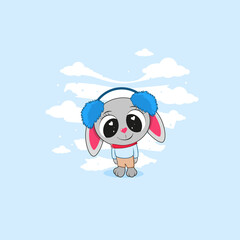 Cute Cartoon grey Bunny stands in warm clothes with headphones and a scarf. Vector illustration.