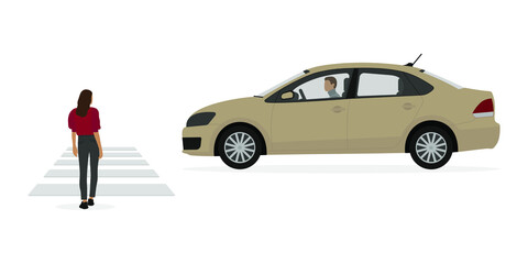 Female character in front of a pedestrian crossing and male character in a car on a white background