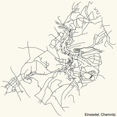 Detailed navigation black lines urban street roads map of the EINSIEDEL DISTRICT of the German regional capital city of Chemnitz, Germany on vintage beige background