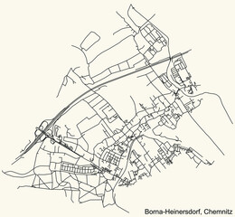 Fototapeta na wymiar Detailed navigation black lines urban street roads map of the BORNA-HEINERSDORF DISTRICT of the German regional capital city of Chemnitz, Germany on vintage beige background
