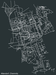 Detailed negative navigation white lines urban street roads map of the ALTENDORF DISTRICT of the German regional capital city of Chemnitz, Germany on dark gray background