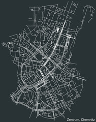 Detailed negative navigation white lines urban street roads map of the ZENTRUM DISTRICT of the German regional capital city of Chemnitz, Germany on dark gray background