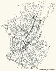 Detailed navigation black lines urban street roads map of the ZENTRUM DISTRICT of the German regional capital city of Chemnitz, Germany on vintage beige background