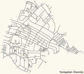 Detailed navigation black lines urban street roads map of the YORCKGEBIET DISTRICT of the German regional capital city of Chemnitz, Germany on vintage beige background