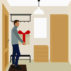 A male character with a gift box in his hands stands in the hallway