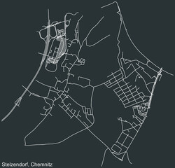 Detailed negative navigation white lines urban street roads map of the STELZENDORF DISTRICT of the German regional capital city of Chemnitz, Germany on dark gray background