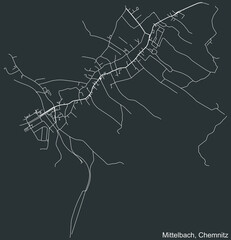 Detailed negative navigation white lines urban street roads map of the MITTELBACH DISTRICT of the German regional capital city of Chemnitz, Germany on dark gray background