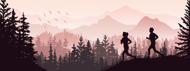 Silhouette of boy and girl jogging. Forest, meadow, mountains. Horizontal landscape banner. Violet illustration.  © Anna