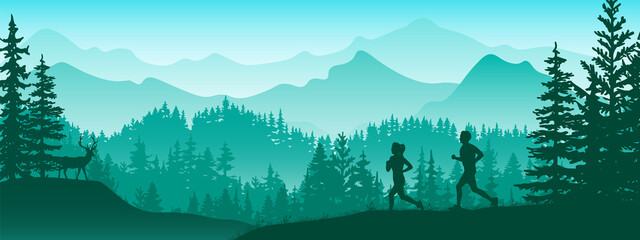 Silhouette of boy and girl jogging. Forest, meadow, mountains. Horizontal landscape banner. Violet illustration. 