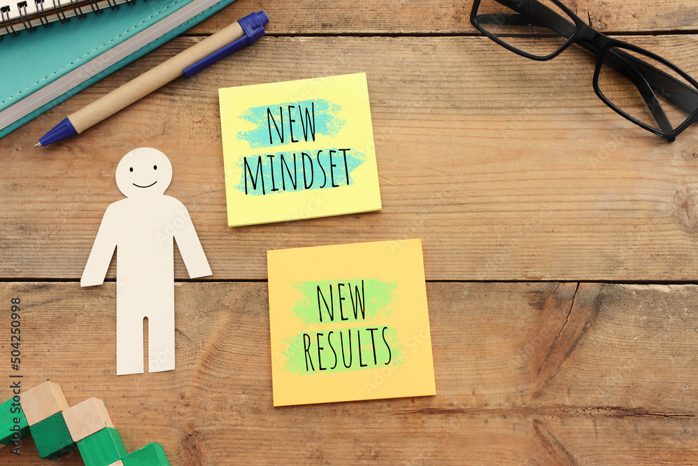 Poster top view image of table with notes and the text new mindset new results. success and personal develo