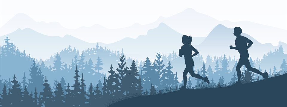 Silhouette of boy and girl jogging. Forest, meadow, mountains. Horizontal landscape banner. Blue illustration. 