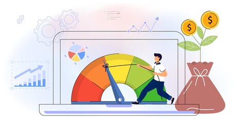 Cost optimization Idea balance Costs reduction strategy concept Isolated flat vector illustration web banner, landing page Marketing campaign management Control falling rate profit Decrease Minimising - obrazy, fototapety, plakaty