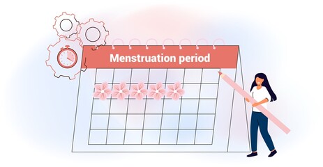 Menstruation calendar shedule Menstruation control and pregnancy planning Women cycle and PMS tracker Flat vector illustration isolated on white background Woman hygiene protection Woman critical days