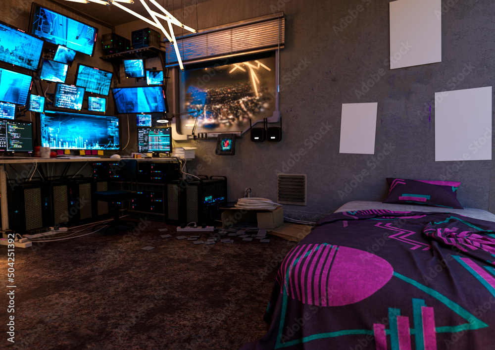 Wall mural resting place for a hacker in the computer room background