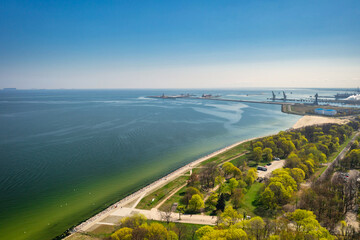 Aerial view of the beach at Baltic Sea on the Westerplatte peninsula, Gdansk. Poland