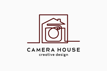 Camera house logo design, camera icon blends with house icon in a continuous line art concept