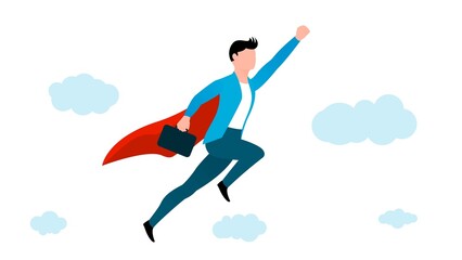 Fototapeta na wymiar man flying in superhero pose with briefcase, business character vector illustration on white background.