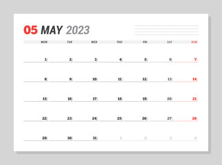Calendar page for May 2023. Monthly planner. Stationery design. Week starts on Monday.