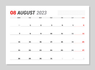 Calendar page for August 2023. Monthly planner. Stationery design. Week starts on Monday.