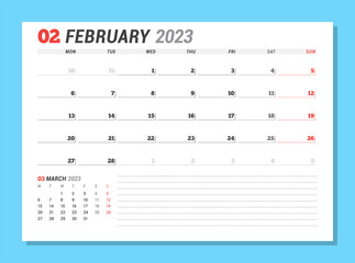 Calendar page for February 2023. Monthly planner. Stationery design. Week starts on Monday.