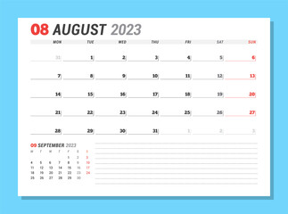 Calendar page for August 2023. Monthly planner. Stationery design. Week starts on Monday.