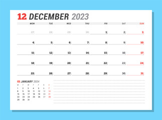 Calendar page for December 2023. Monthly planner. Stationery design. Week starts on Monday.