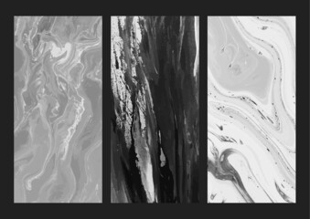 set de 3 fondos de pinturas vector de óleo y acrílico en blanco, negro y gris, elegante fondo liquido