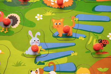 Children's toys. Puzzle with animals. A child's wooden shape sorter. Logic game for kids. Happy child and fun Games. 