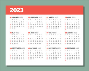Calendar for 2023 year. Stationery design. Week starts on Sunday.