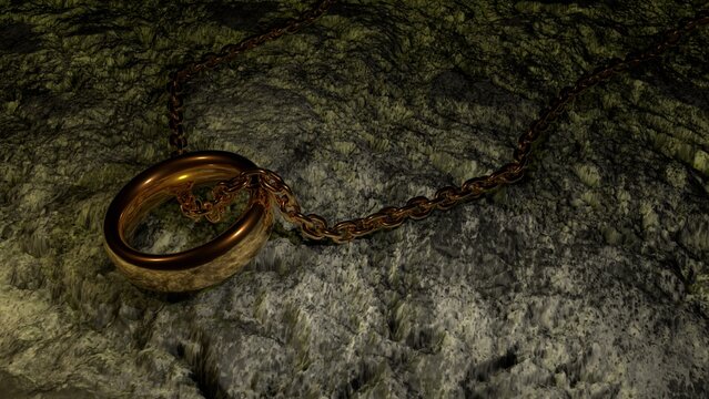 A gold chain with a ring on the gray ground at dusk under a yellow, warm light. Beautiful image of jewelry on dirty ground in the evening. 3D rendering. 3D illustration. 3D image.
