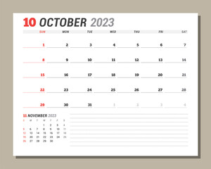Calendar page for October 2023. Monthly planner. Stationery design. Week starts on Sunday.