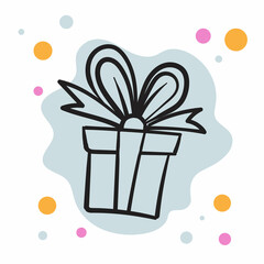 Linear drawing of a gift with a bow. Drawing in doodle style.