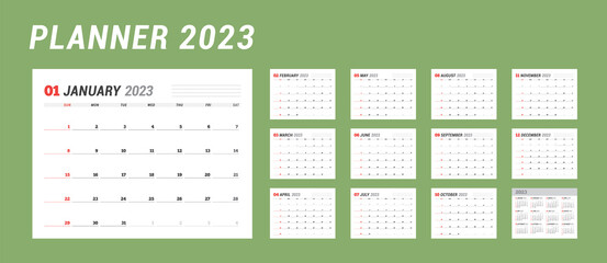 Calendar set for 2023 year. Stationery design. Week starts on Sunday.