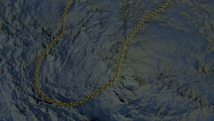 A golden chain on a dry gray ground at dusk. Jewelry on the dirty ground in the evening. 3D rendering. 3D illustration. 3D image.

