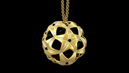 Obraz premium Jewelry made of gold, emeralds and rubies hang on a gold chain on a black background. Precious stones of green and red color in a golden ball. 3D rendering. 3D image. 3D illustration. 
