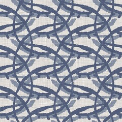 French blue doodle motif linen seamless pattern. Tonal country cottage style abstract scribble motif background. Simple vintage rustic fabric textile effect. Primitive drawing shabby chic cloth.